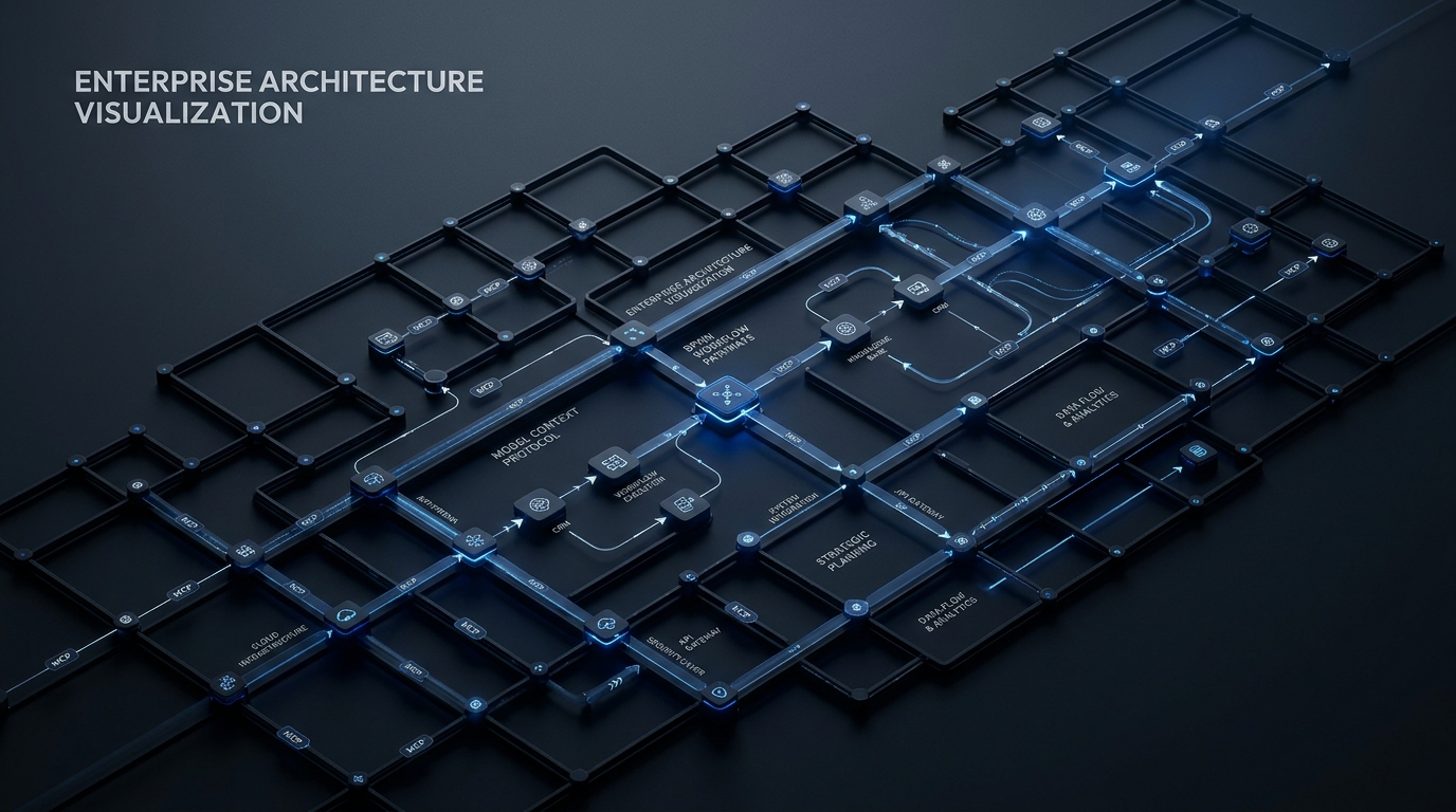 A dark technical diagram illustrating connected enterprise architecture workflows