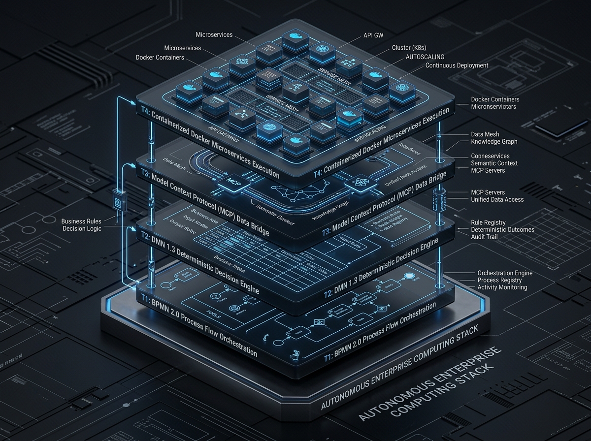 Layered architecture diagram showing process orchestration, deterministic decisions, Model Context Protocol and containerized execution